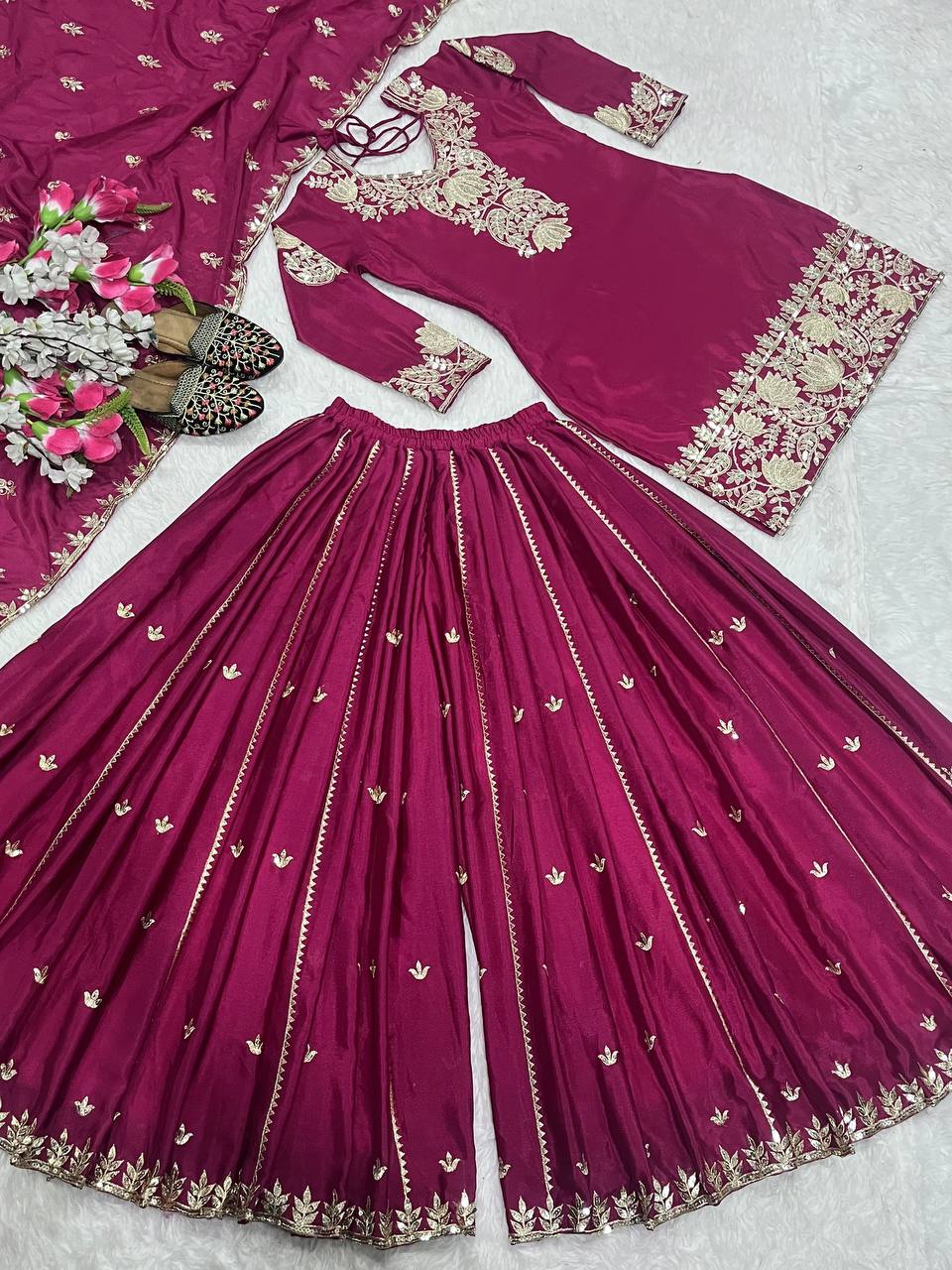 Pure Heavy Chinnon Silk With Heavy Embroidery Coding Sequence Work Suit