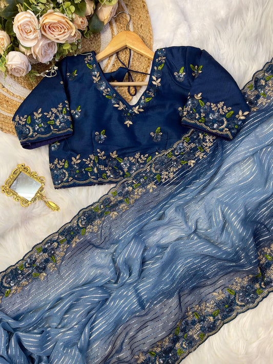 Pure Georgette fabric with silver zari weaving lining Saree