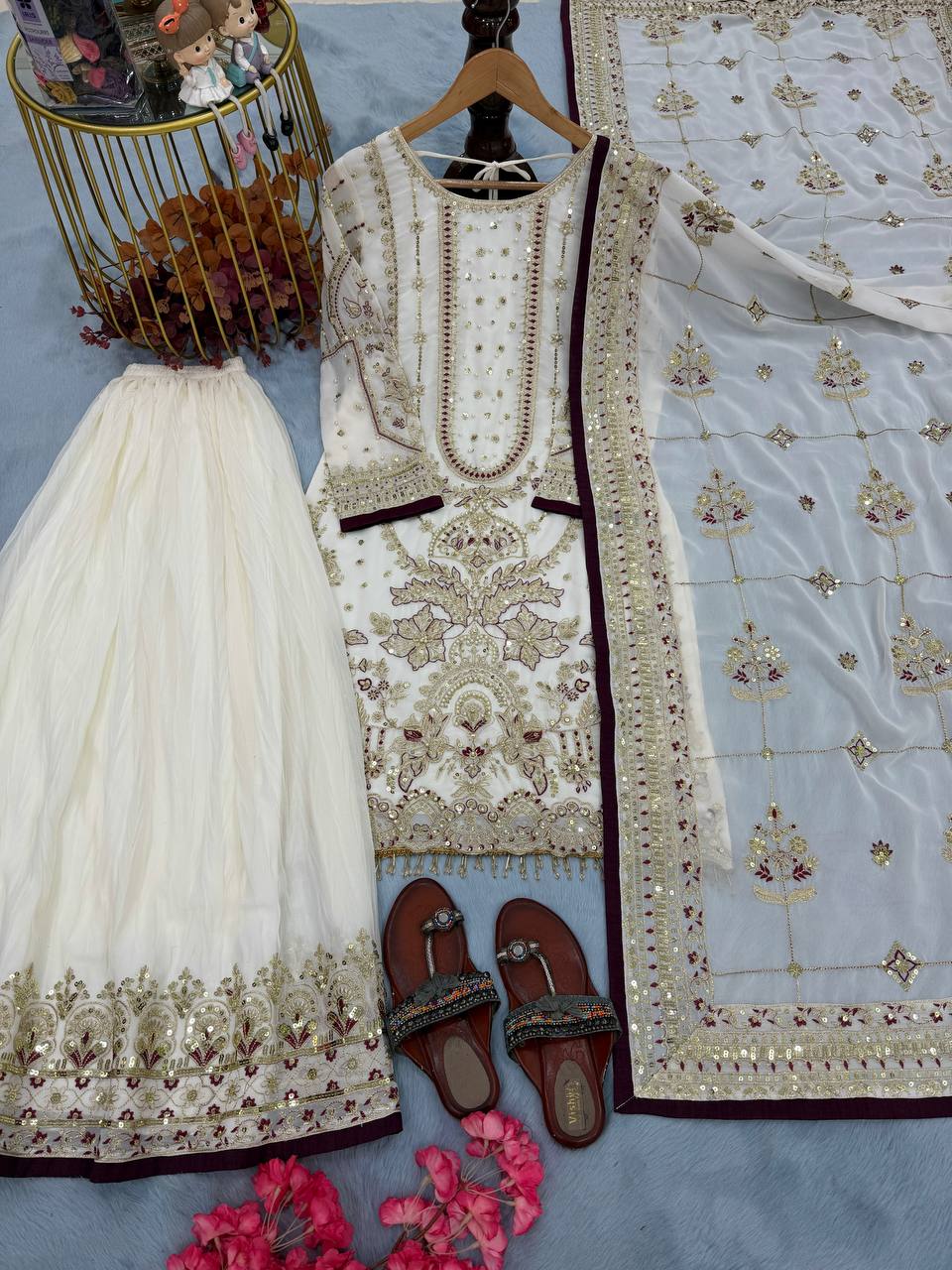 Launching New Đěsigner Party Wear Look Pur Heavy Faux Georgette Top Plazzo & Dupatta Set