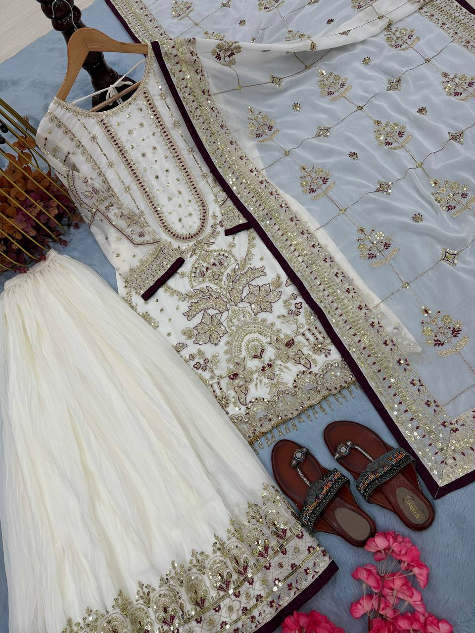 Launching New Đěsigner Party Wear Look Pur Heavy Faux Georgette Top Plazzo & Dupatta Set