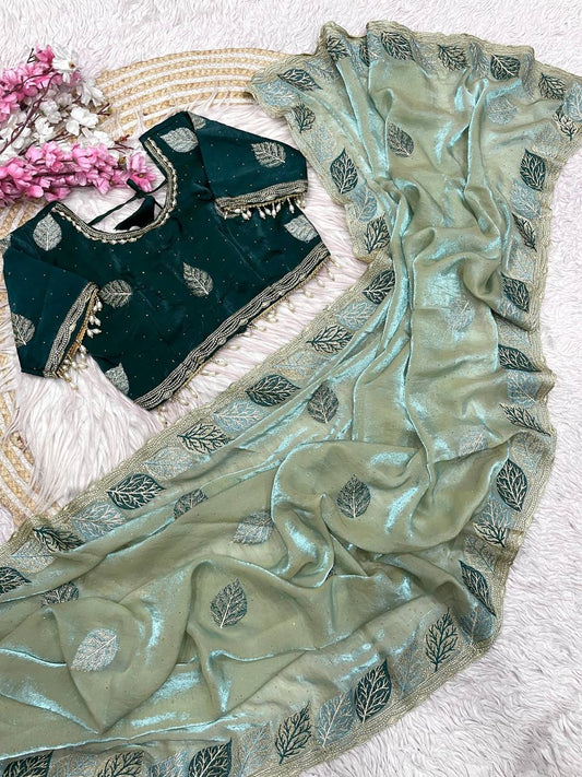 Fendy Sattin multi embroidery work with Sequence Butti Saree