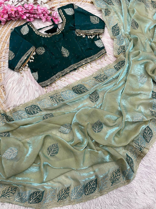 Fendy Sattin multi embroidery work with Sequence Butti Saree