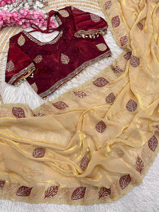 Fendy Sattin multi embroidery work with Sequence Butti Saree