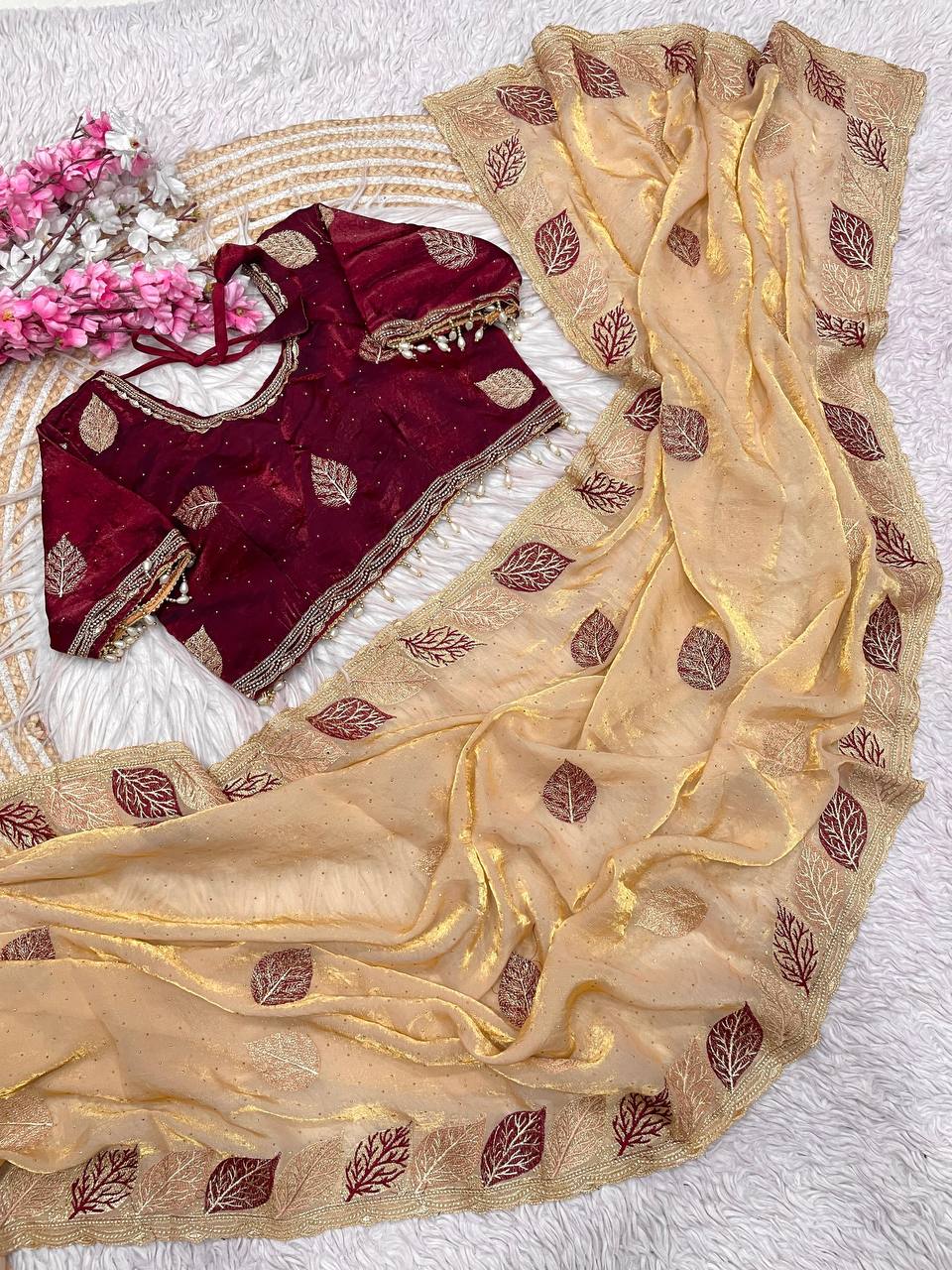 Fendy Sattin multi embroidery work with Sequence Butti Saree