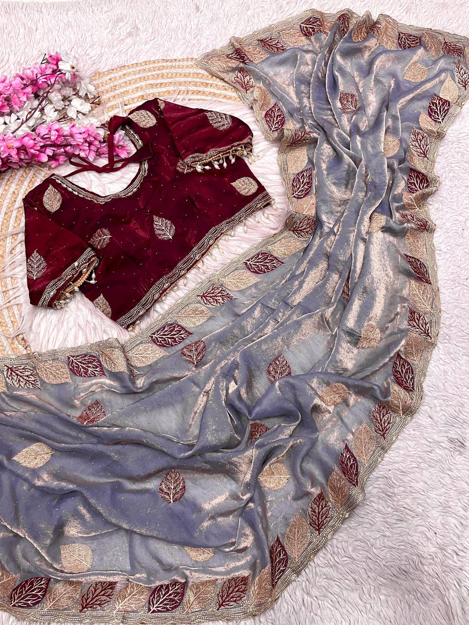 Fendy Sattin multi embroidery work with Sequence Butti Saree
