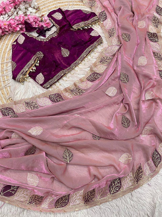 Fendy Sattin multi embroidery work with Sequence Butti Saree