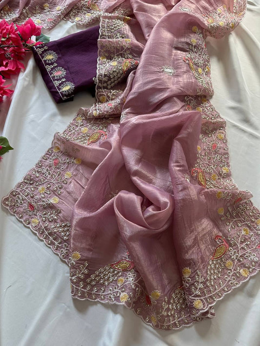 Introducing our Peacock Motif Embroidered crushed Organza Saree