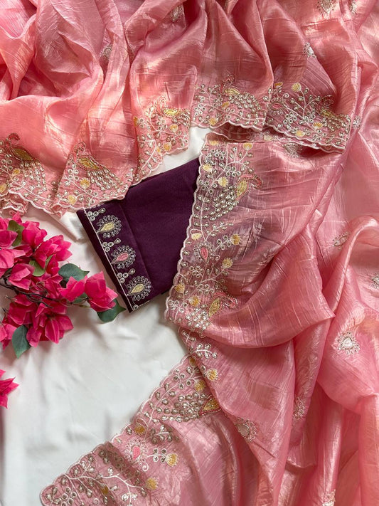 Introducing our Peacock Motif Embroidered crushed Organza Saree