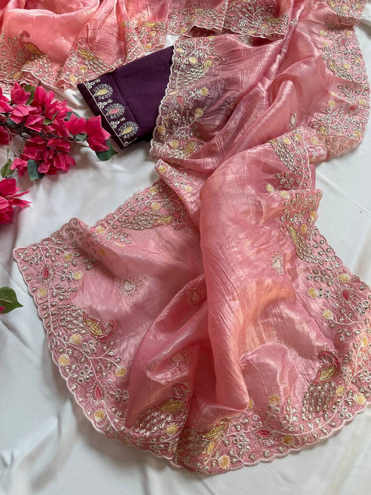 Introducing our Peacock Motif Embroidered crushed Organza Saree