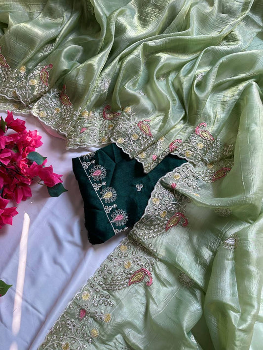 Introducing our Peacock Motif Embroidered crushed Organza Saree