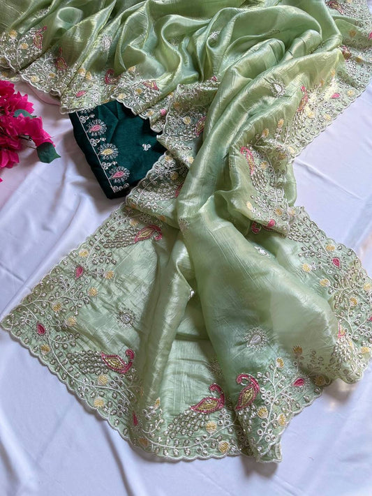 Introducing our Peacock Motif Embroidered crushed Organza Saree