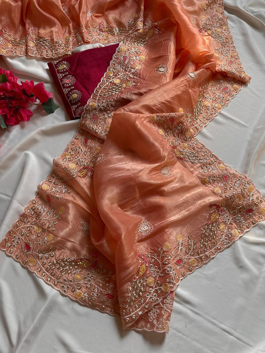 Introducing our Peacock Motif Embroidered crushed Organza Saree