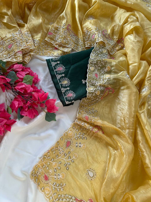 Introducing our Peacock Motif Embroidered crushed Organza Saree