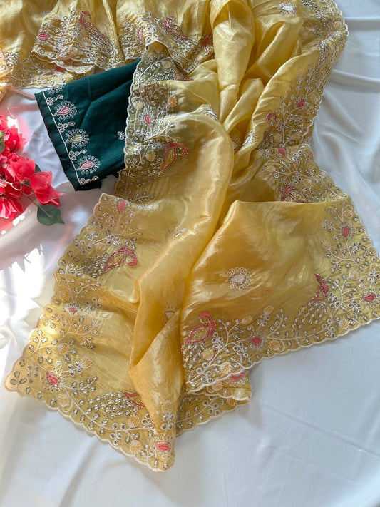 Introducing our Peacock Motif Embroidered crushed Organza Saree