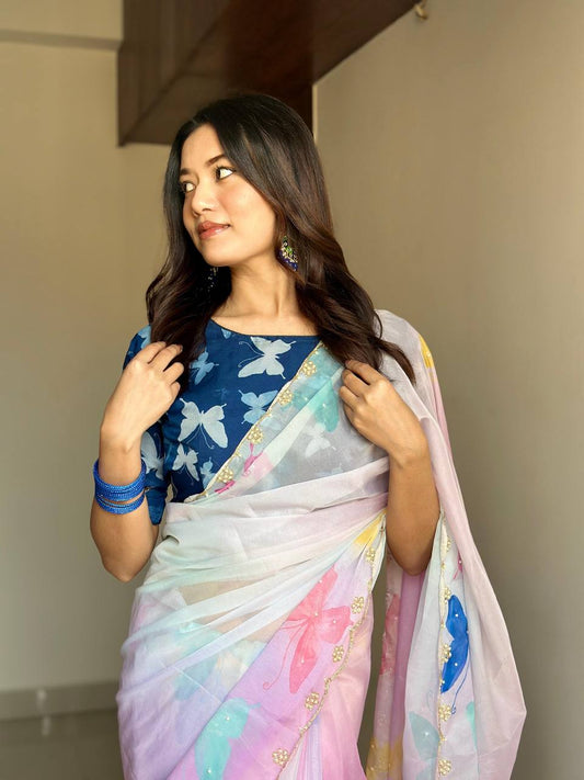 SOFT ORGANZA TABBY SILK WITH ALL OVER BUTTERFLY PRINT SAREE