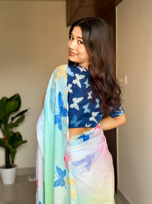 SOFT ORGANZA TABBY SILK WITH ALL OVER BUTTERFLY PRINT SAREE