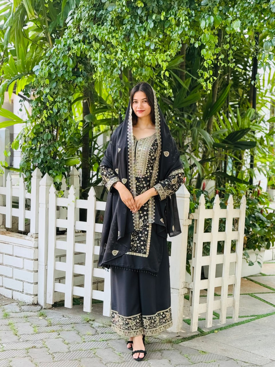 DESIGNER WEAR SEQUENCE EMBROIDERY ON STAR FOX GEORGETTE FABRIC