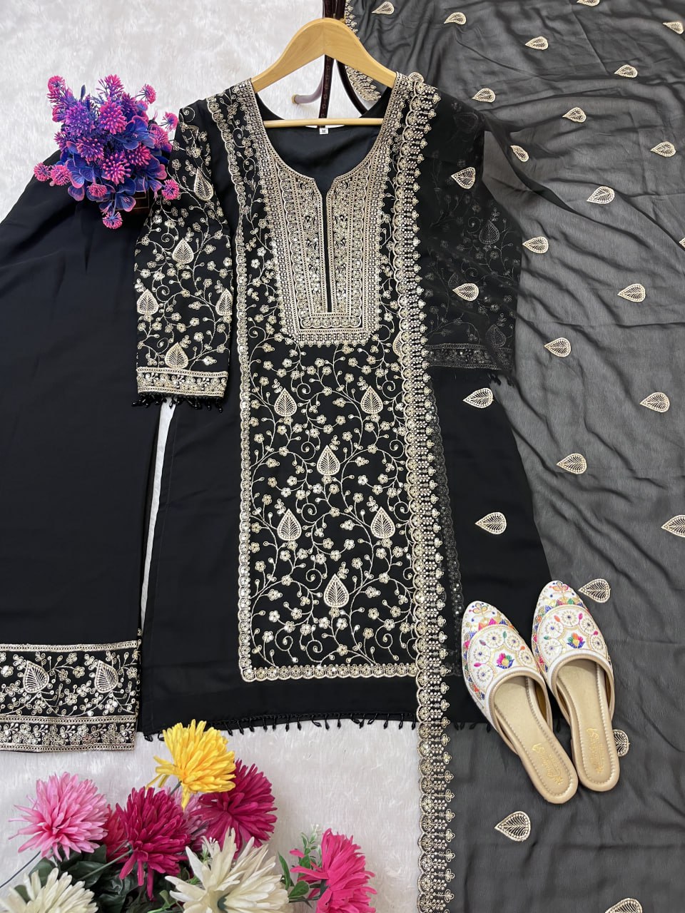 DESIGNER WEAR SEQUENCE EMBROIDERY ON STAR FOX GEORGETTE FABRIC