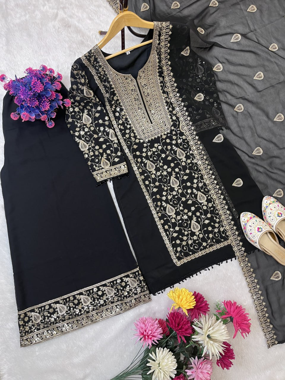 DESIGNER WEAR SEQUENCE EMBROIDERY ON STAR FOX GEORGETTE FABRIC