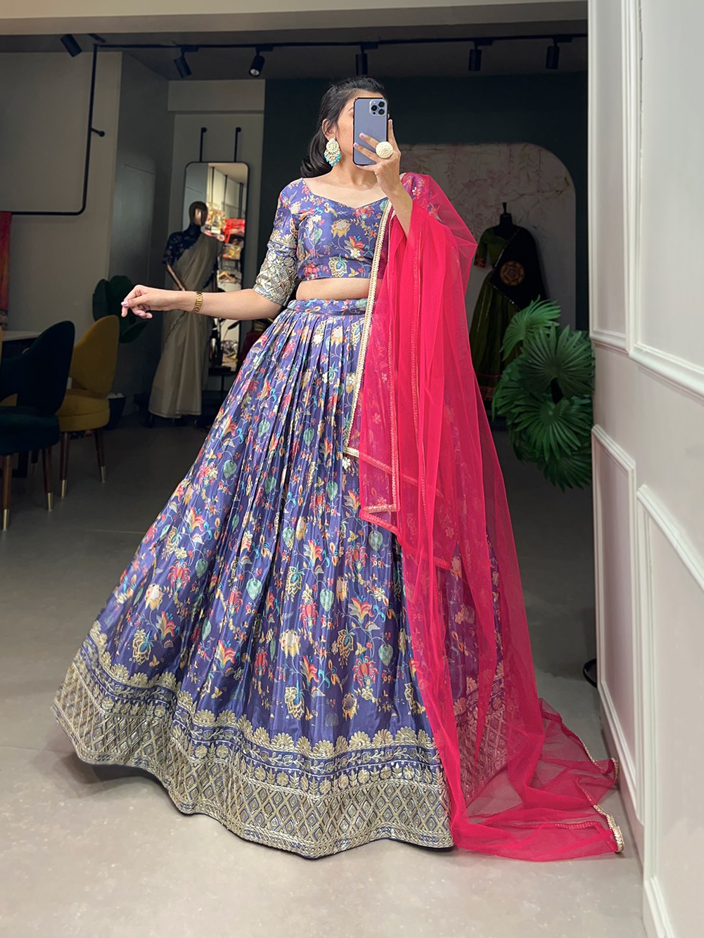 Digital Print With Embroidery Sequins Work Lehenga