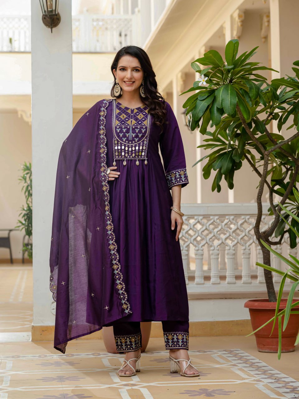 Viscose Roman Silk Multi Embroidery Thread With Real Mirror Hand Work Suit