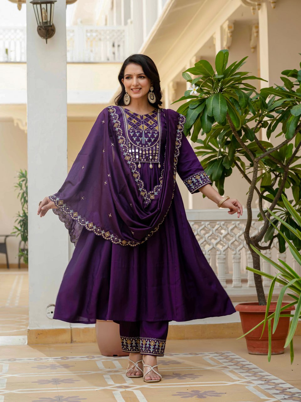 Viscose Roman Silk Multi Embroidery Thread With Real Mirror Hand Work Suit