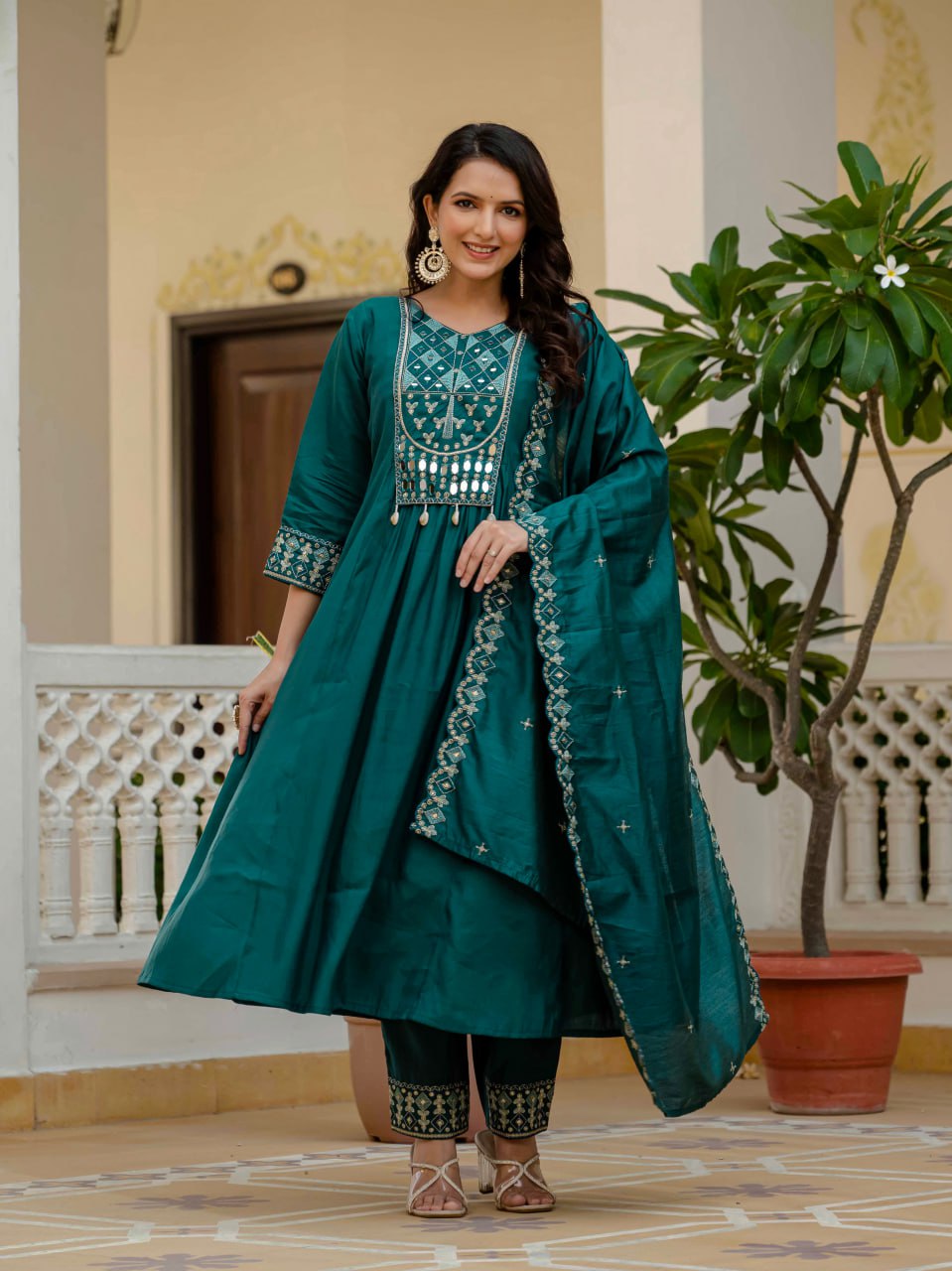 Viscose Roman Silk Multi Embroidery Thread With Real Mirror Hand Work Suit