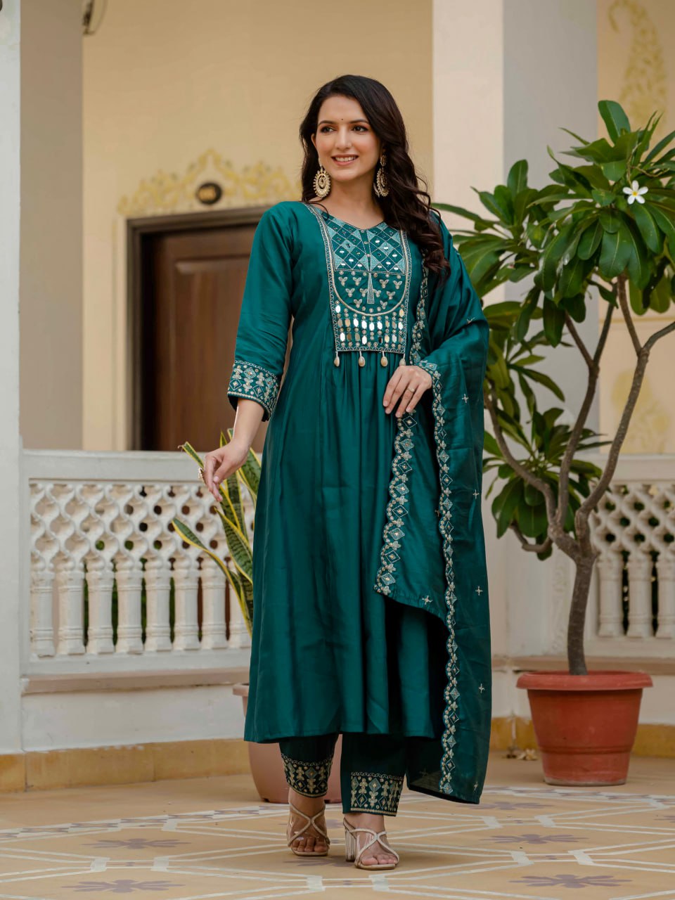 Viscose Roman Silk Multi Embroidery Thread With Real Mirror Hand Work Suit