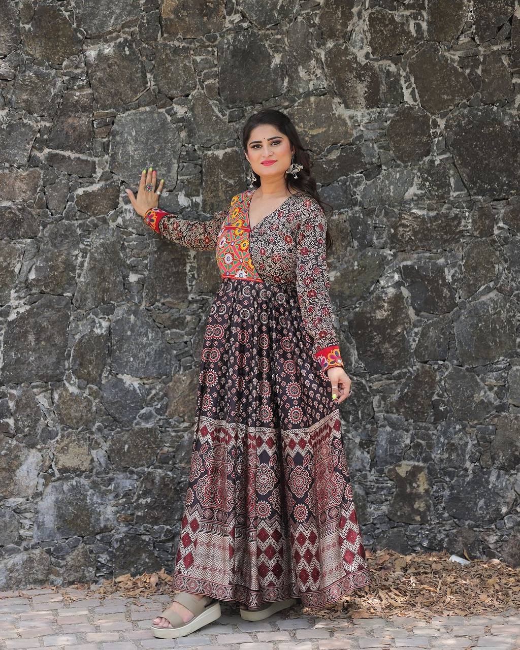 2024 EXCLUSIVE FOR NAVRATRI WEAR RAYON PRINTED WITH MIRROR WORK GOWN