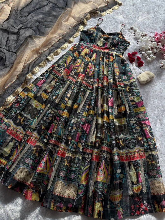 Pure organza silk digital printed padded gown