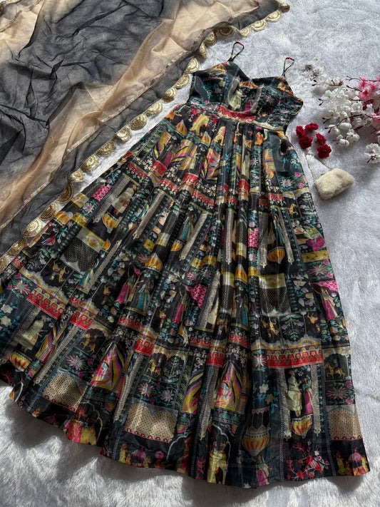 Pure organza silk digital printed padded gown