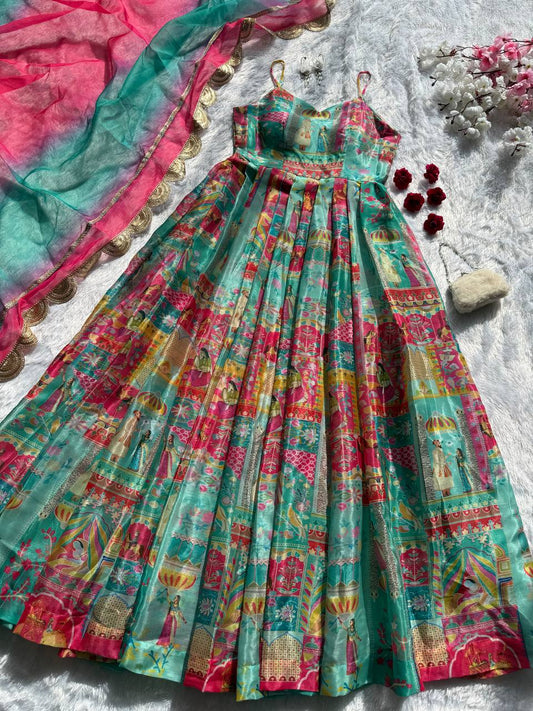 Pure organza silk digital printed padded gown