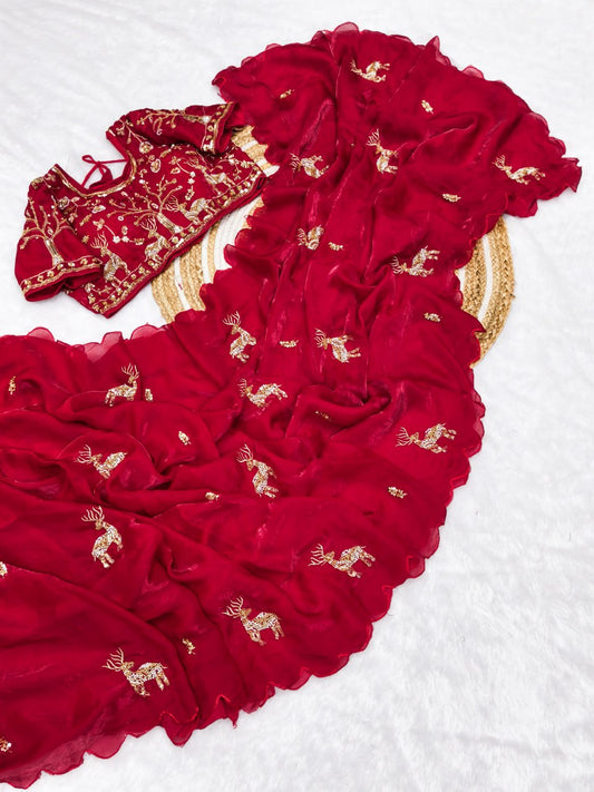 PURE SOFT FANDY SATTIN SILK FABRIC ON BEAUTIFUL HAND WORK SAREE