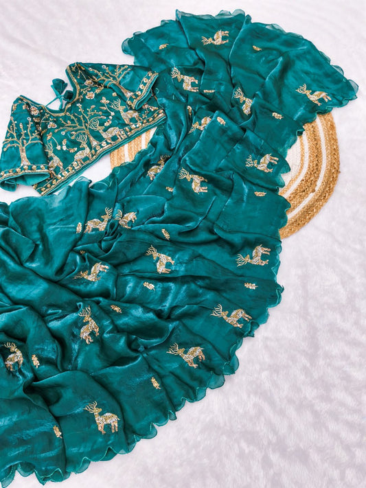 PURE SOFT FANDY SATTIN SILK FABRIC ON BEAUTIFUL HAND WORK SAREE