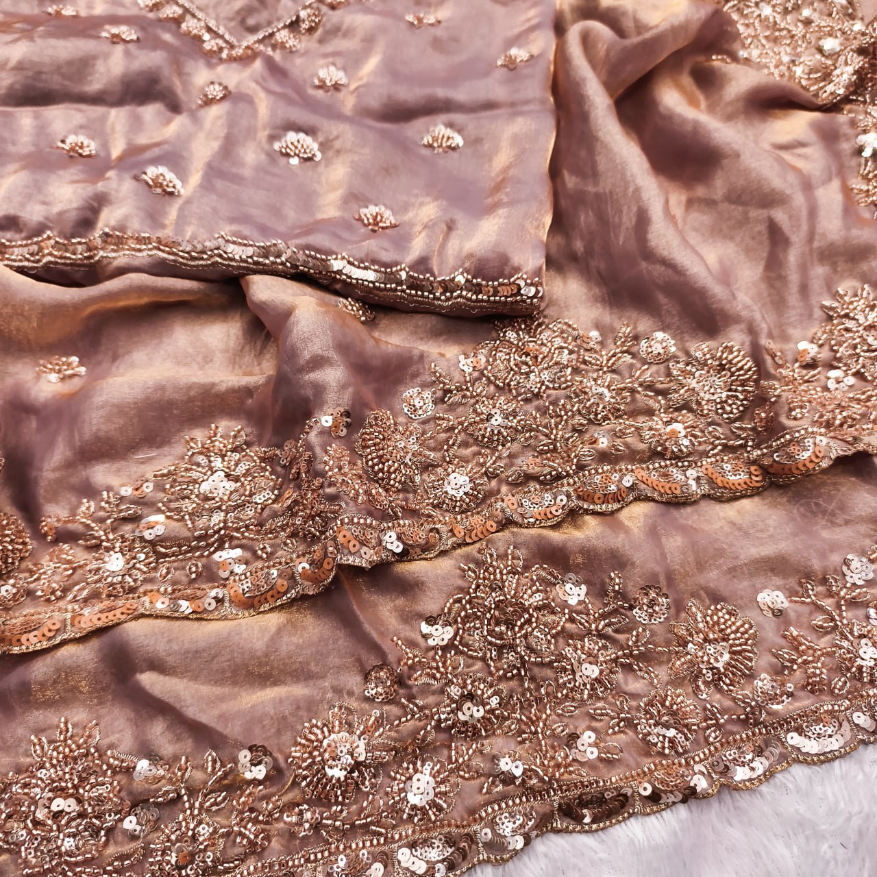 Pure Fandy Sattin Silk With Beautiful Original Beeda Work Saree