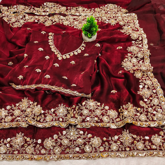 Pure Fandy Sattin Silk With Beautiful Original Beeda Work Saree