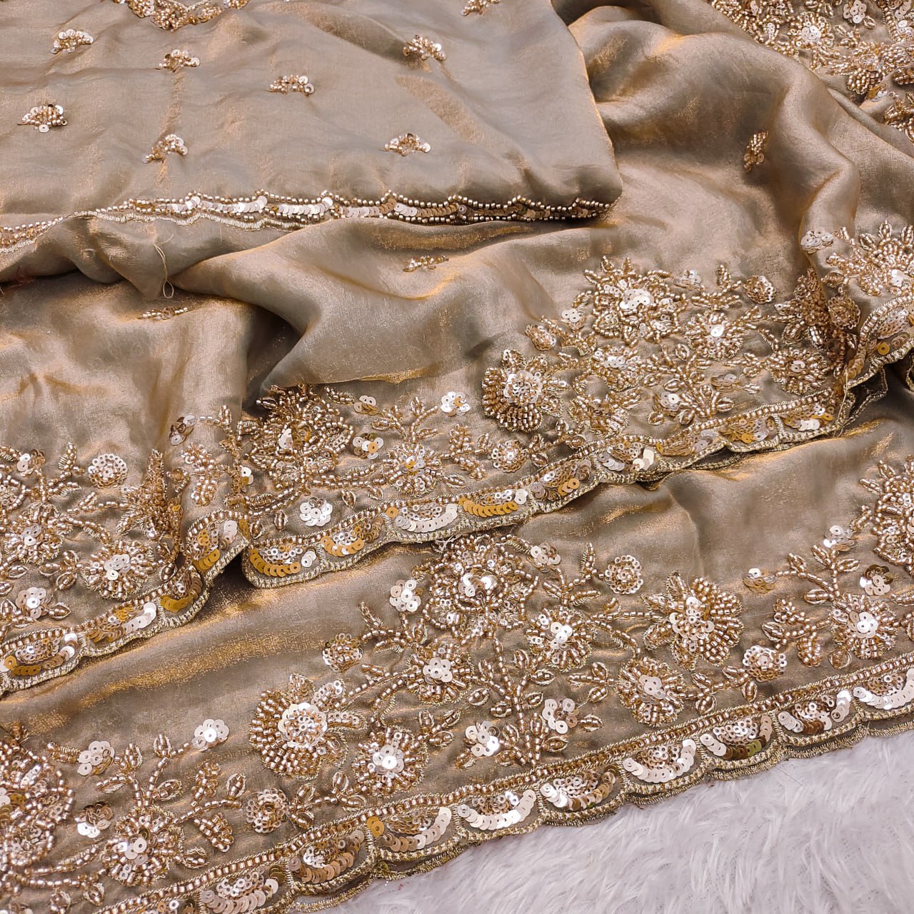 Pure Fandy Sattin Silk With Beautiful Original Beeda Work Saree