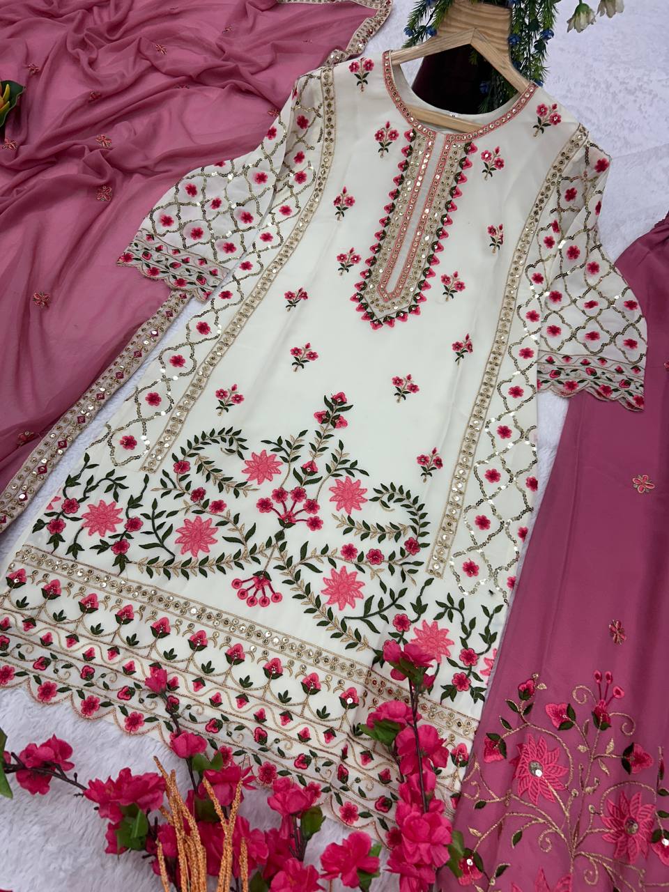 offwhite Coloured Embroidered Attractive Party Wear Kurti plazzo