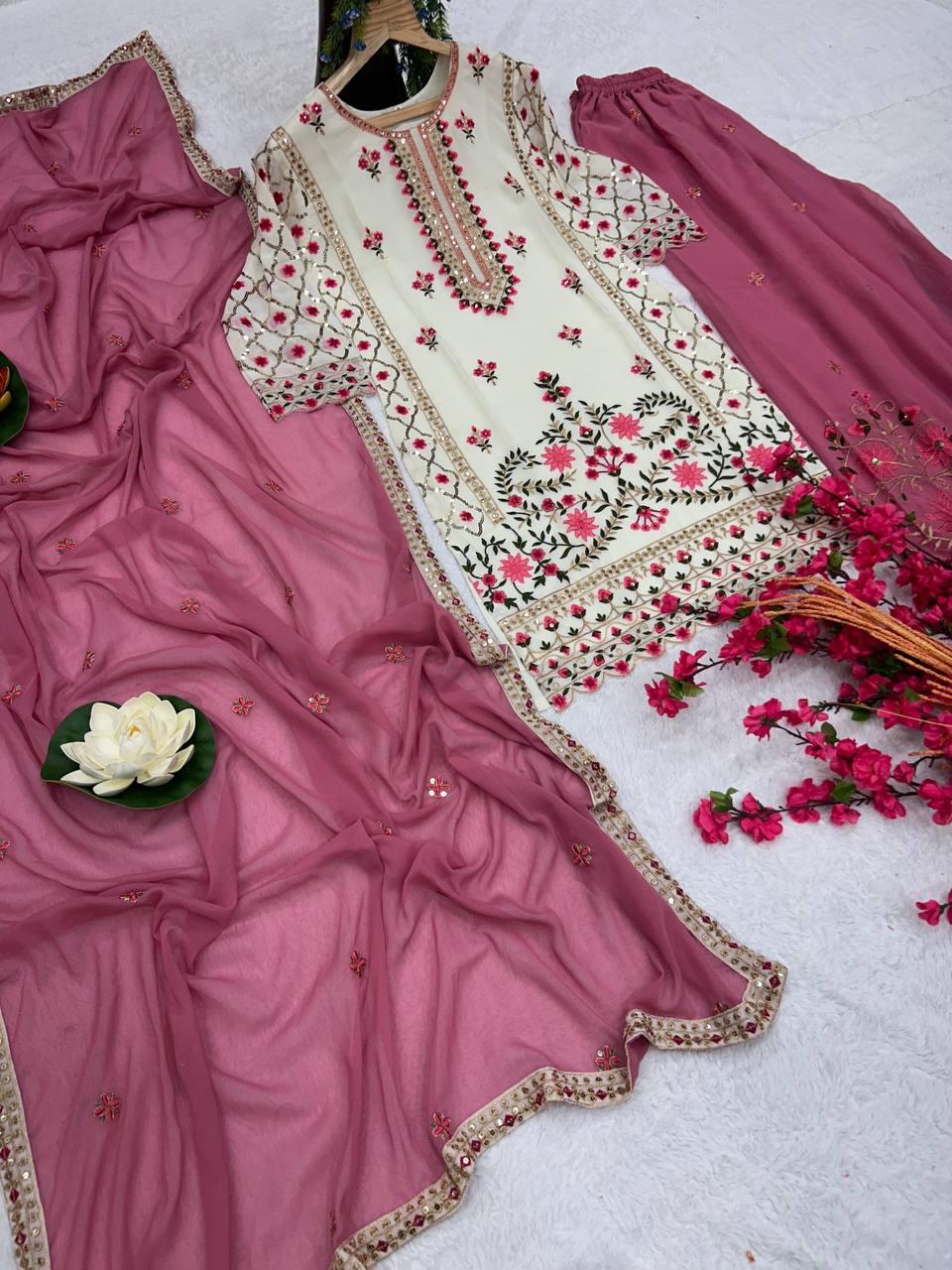 offwhite Coloured Embroidered Attractive Party Wear Kurti plazzo