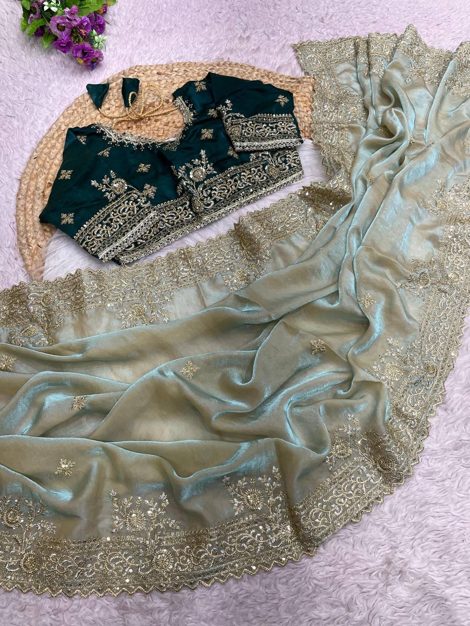 Fendy Sattin C -pallu 3 mm multi sequence embroidery work saree