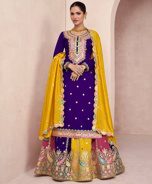 Multicolored Embroidered Attractive Party Wear Kurti Lehenga