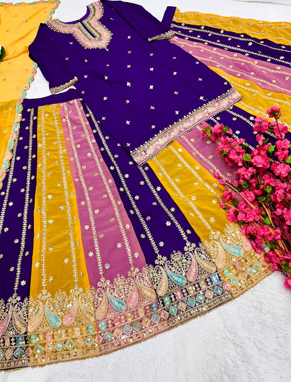 Multicolored Embroidered Attractive Party Wear Kurti Lehenga