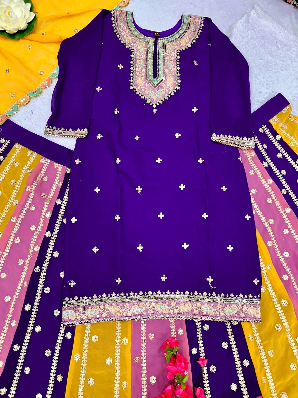 Multicolored Embroidered Attractive Party Wear Kurti Lehenga