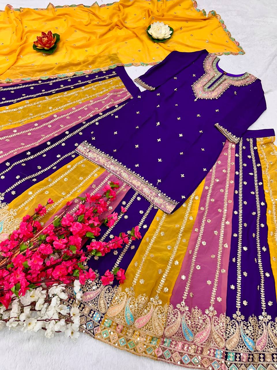 Multicolored Embroidered Attractive Party Wear Kurti Lehenga