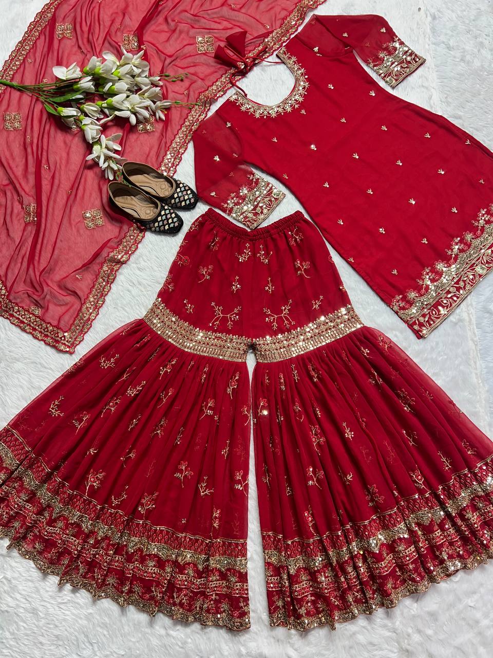 Launching New Designer Party Wear Look Top Sharara Plazzo and Dupatta