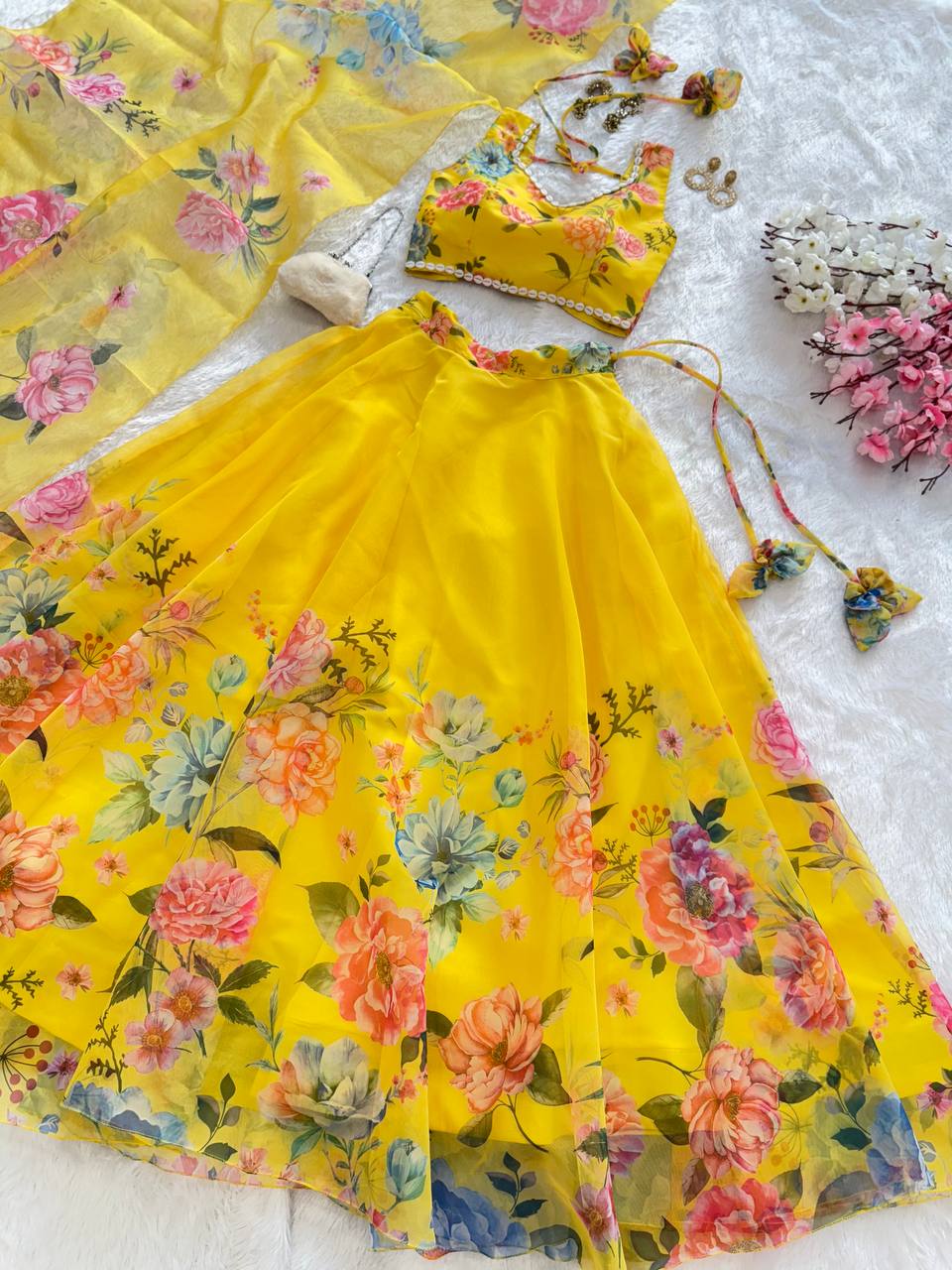 Pure organza silk floral  printed lehnga
