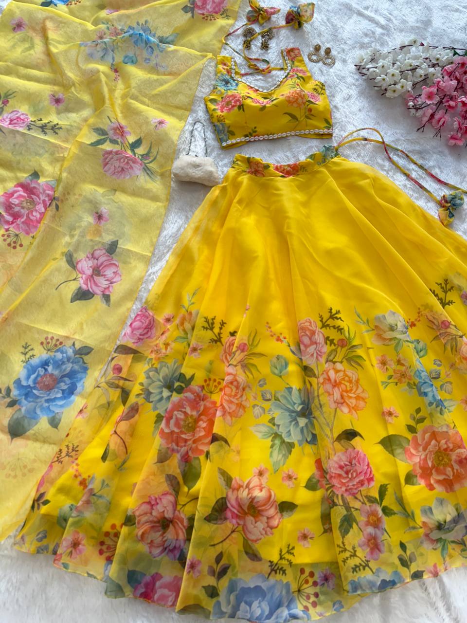 Pure organza silk floral  printed lehnga