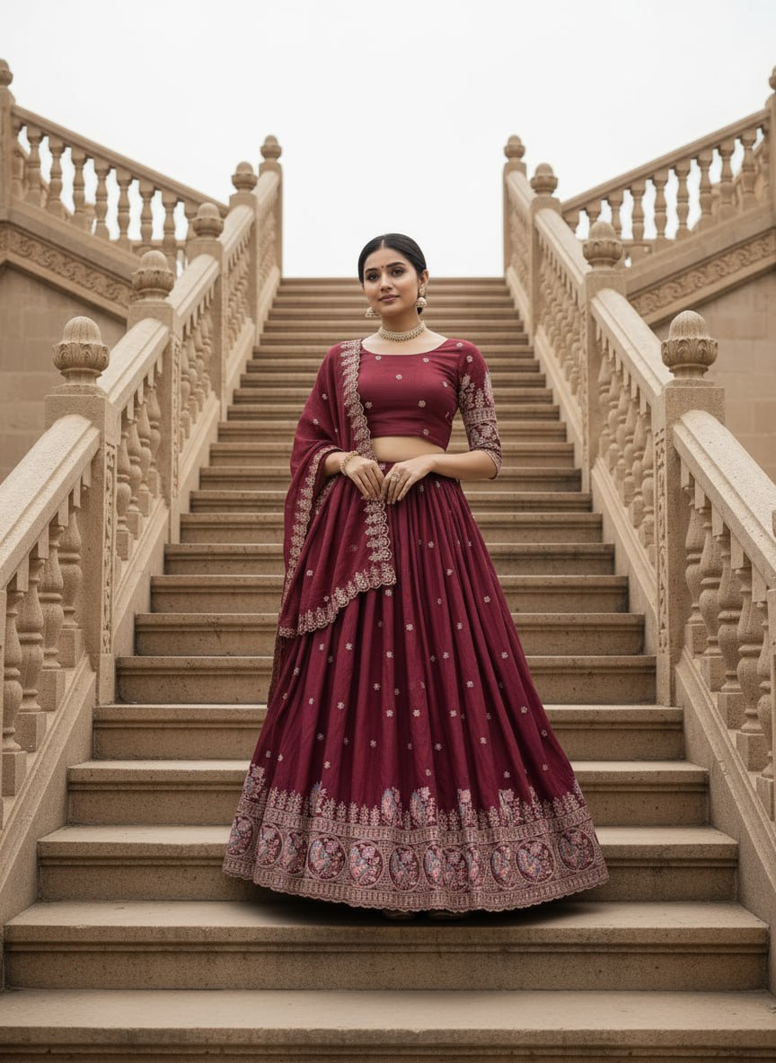 Dazzle in our embroidered burgundy lehenga