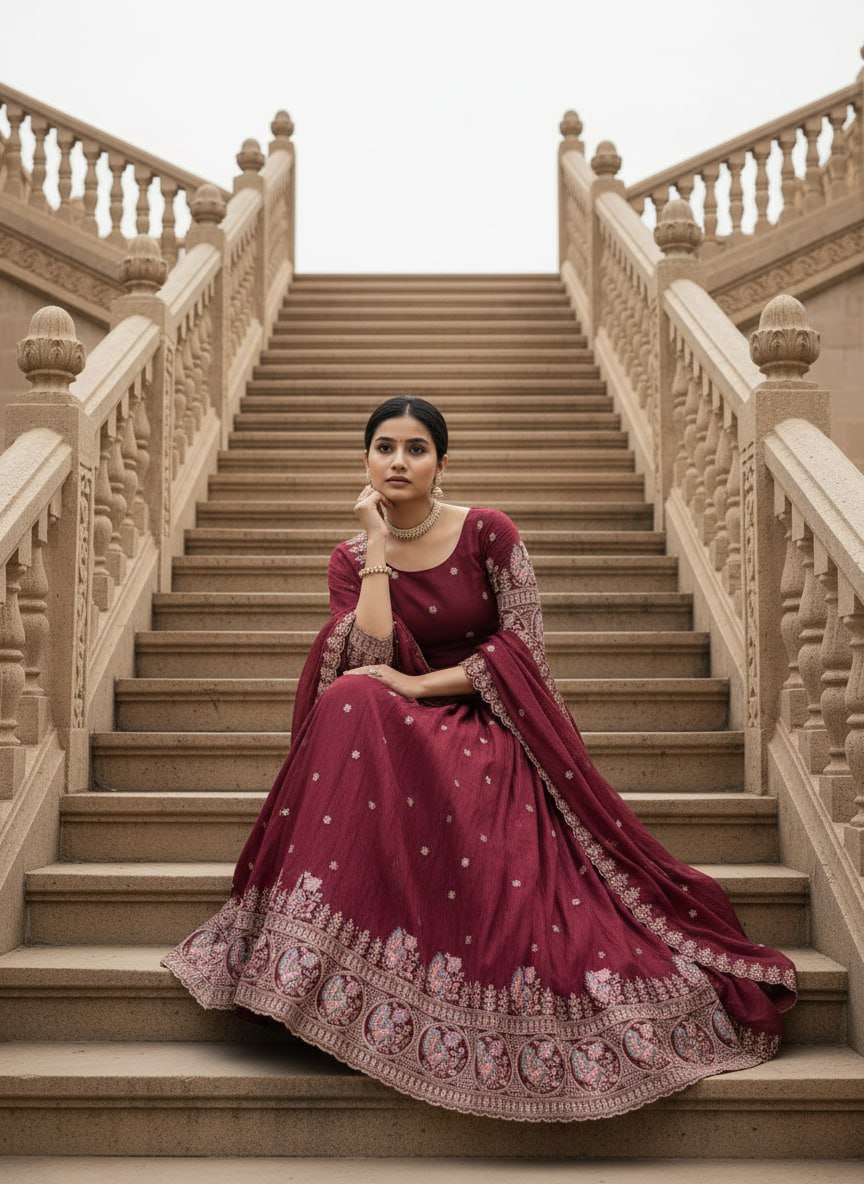 Dazzle in our embroidered burgundy lehenga