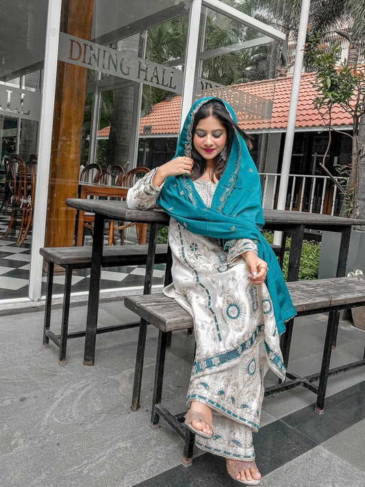 EID SPECIAL SEQUENCE EMBROIDERY ON SILK FABRIC TOP AND PLAZZO